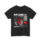 Heart Flower Graphic Unisex Heavy Cotton Tee Comfortable Streetwear T Shirt Bold Red and Black Floral Heart Design Symbol of Love Strength and Vitality Perfect Gift for Friends Birthdays and Casual Everyday Wear