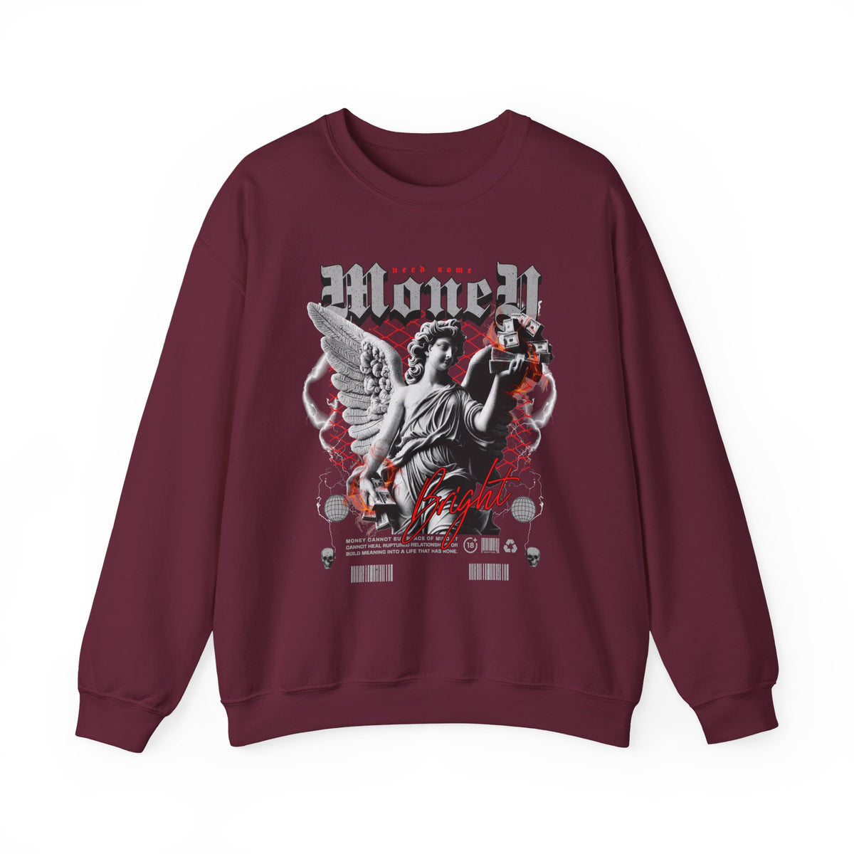 Money Bright Unisex Heavy Blend Crewneck Sweatshirt Angel Statue Graphic Gothic Streetwear Red Neon Artistic Fashion Pullover