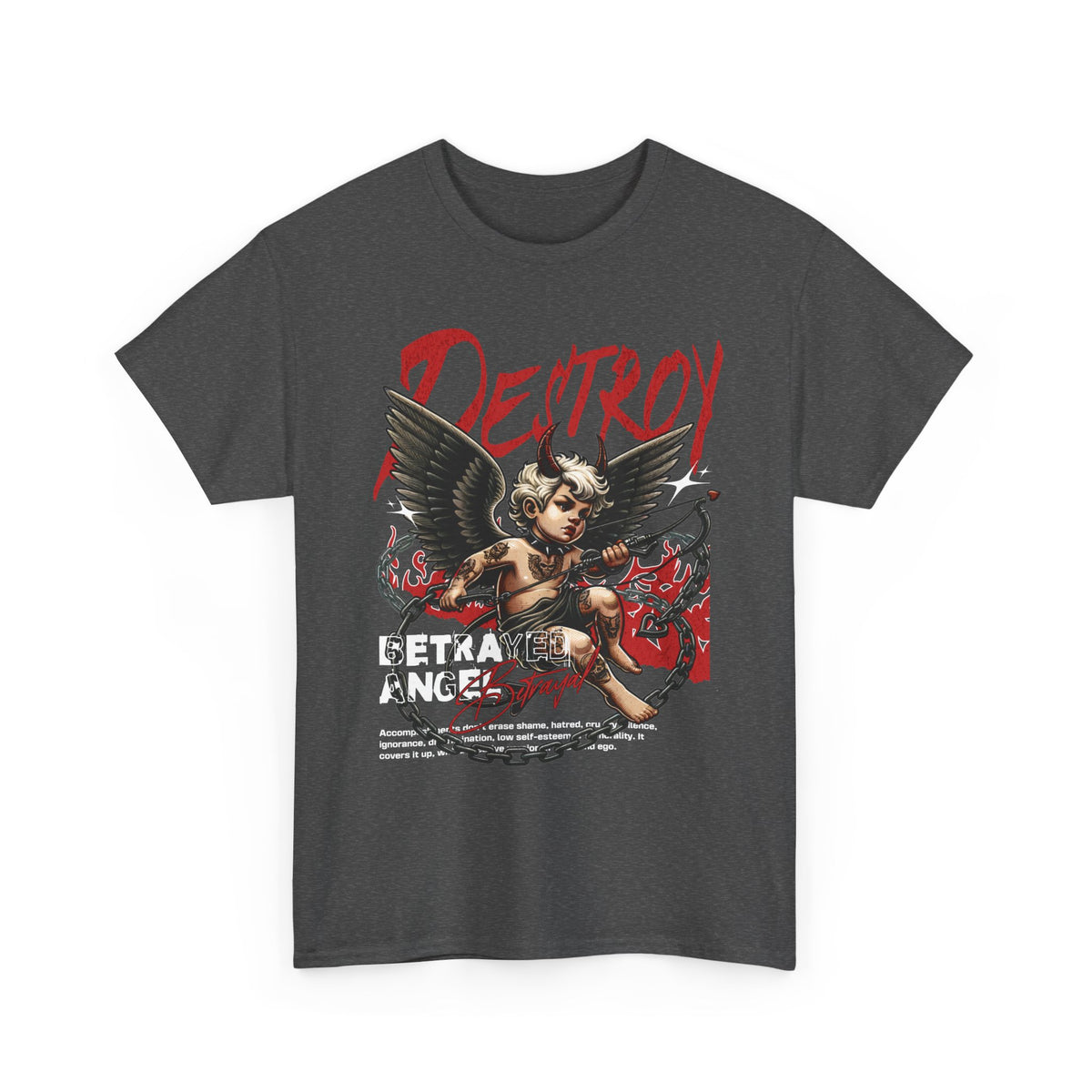 Betrayed Angel Destroy Graphic Unisex Heavy Cotton T Shirt Edgy Gothic Streetwear Bold Motivational Urban Fashion Outfit