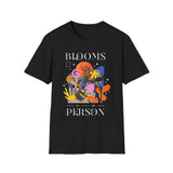 Blooms Person Unisex Softstyle T Shirt Modern Graphic Tee Black Artistic Abstract Colorful Floral Head Design Futuristic Streetwear Creative Fashion Outfit