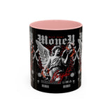 Money Bright Angel Accent Coffee Mug 11oz 15oz Gothic Statue Black Ceramic Cup with Red Flames and Cash Design for Hustlers