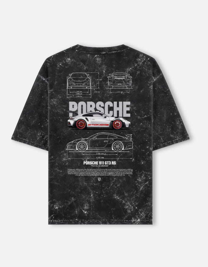 Porsche 911 GT3 RS Acid Wash Oversized T Shirt Sports Car Blueprint Graphic Streetwear Tee