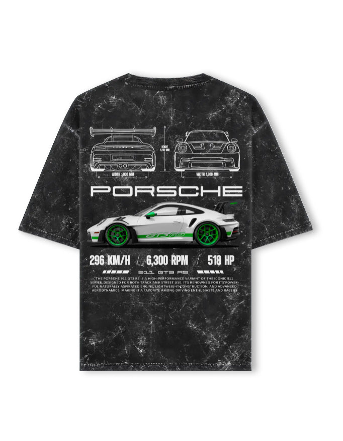 Porsche 911 GT3 RS Acid Wash Oversized T Shirt Blueprint Sports Car Graphic Streetwear Tee