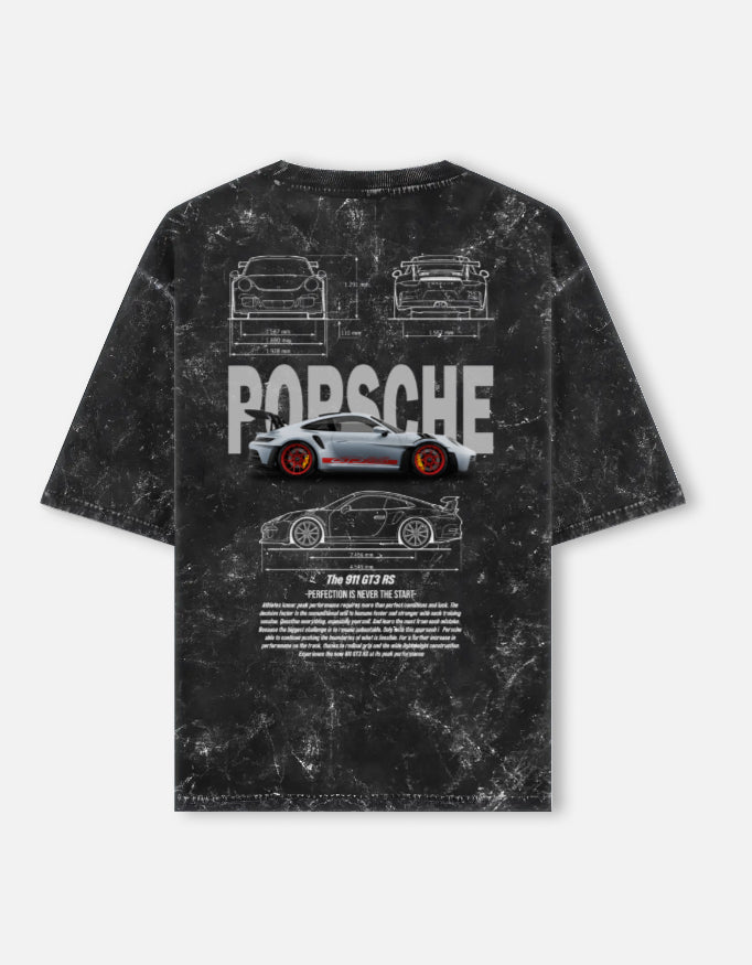 Porsche 911 GT3 RS Blueprint Acid Wash Oversized T Shirt Performance Sports Car Streetwear Graphic Tee