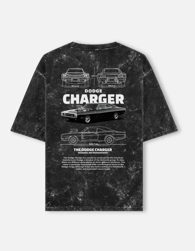 Dodge Charger Blueprint Acid Wash Oversized T Shirt Classic American Muscle Car Graphic Streetwear Tee