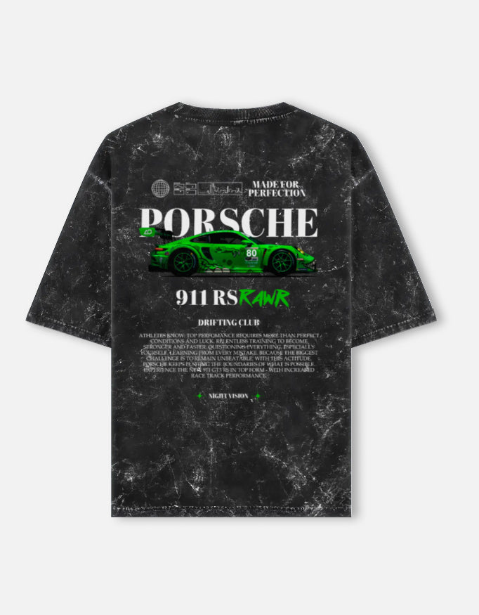 Porsche 911 RS Rawr Acid Wash Oversized T Shirt Racing Drift Club Streetwear Graphic Tee