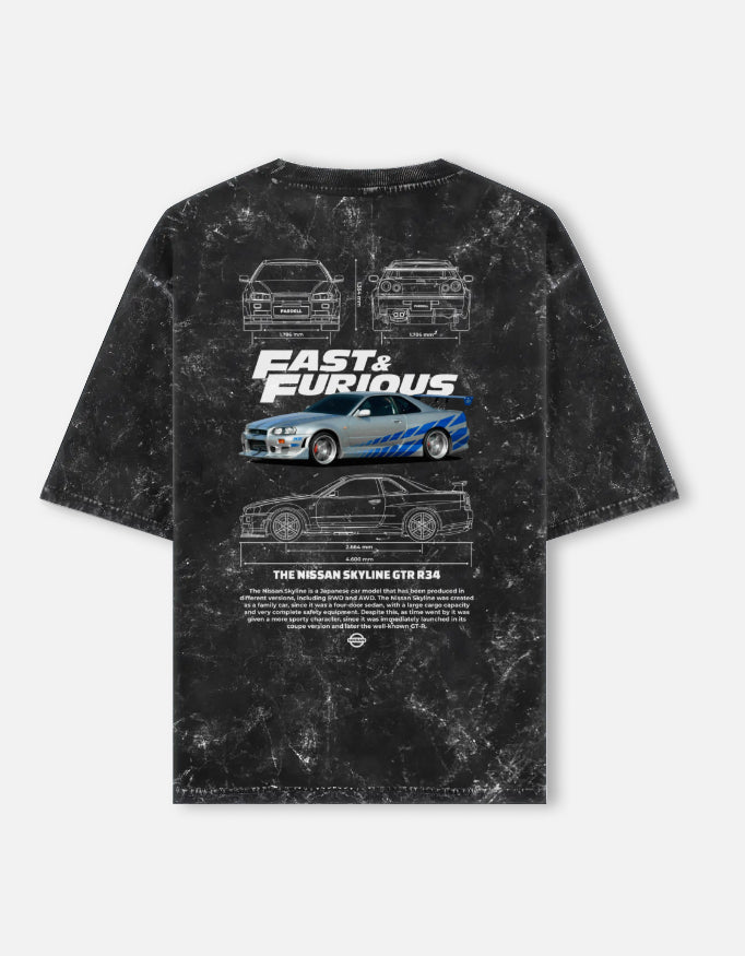 Fast And Furious Nissan Skyline GTR R34 Acid Wash Oversized T Shirt JDM Racing Streetwear Graphic Tee