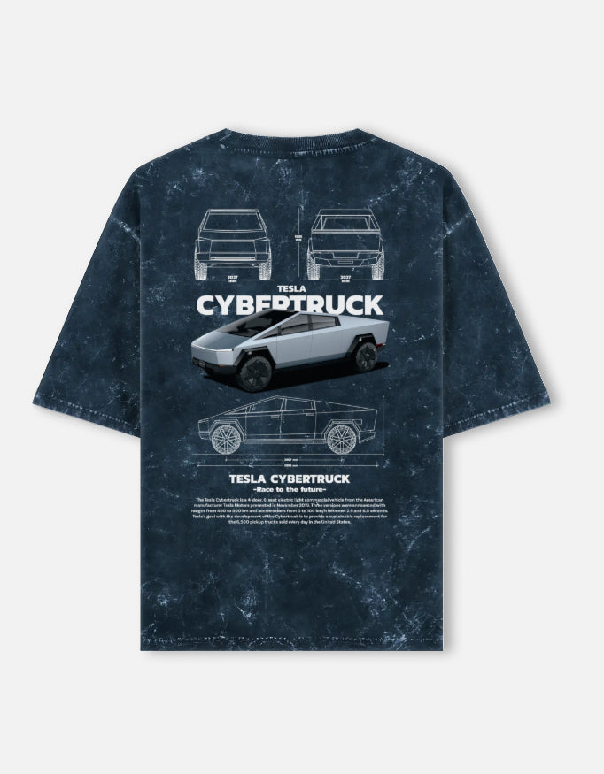 Tesla Cybertruck Blueprint Acid Wash Oversized T Shirt Electric Truck Streetwear Graphic Tee