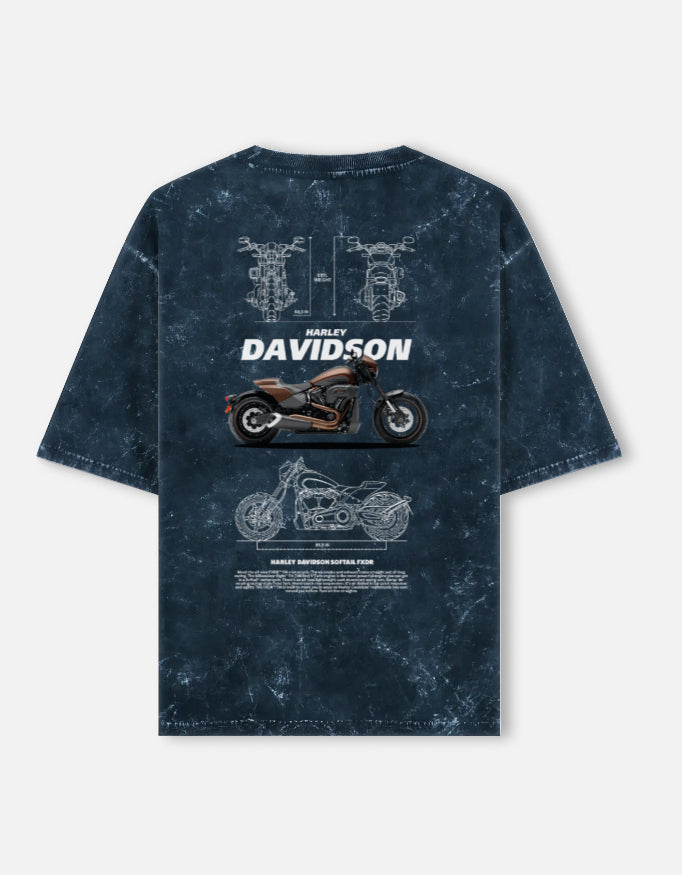 Harley Davidson Softail FXDR Acid Wash Oversized T Shirt Motorcycle Blueprint Graphic Biker Streetwear Tee