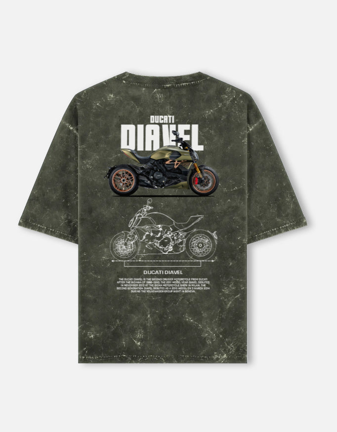 Ducati Diavel Acid Wash Oversized T Shirt Motorcycle Blueprint Graphic Cruiser Streetwear Tee