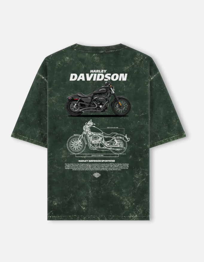 Harley Davidson Sportster Acid Wash Oversized T Shirt Motorcycle Blueprint Graphic Biker Streetwear Tee