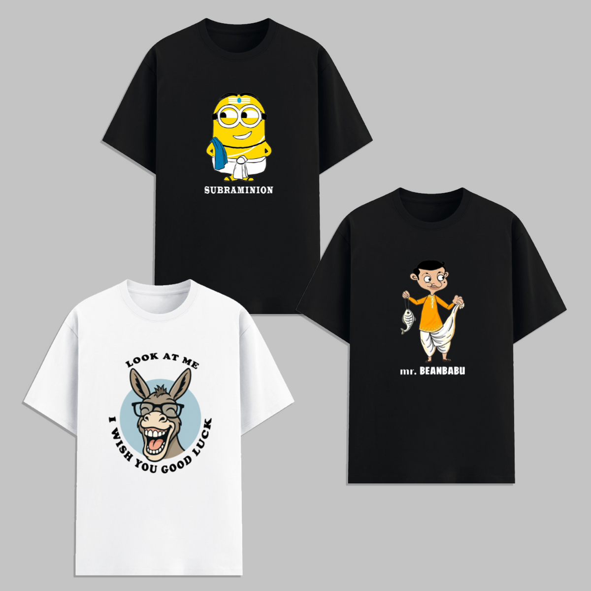 Funny Cartoon Graphic T Shirt Combo Pack Minion Style Mr Bean Inspired Donkey Quote Printed Cotton Unisex Trendy Graphic Tees Casual Wear India