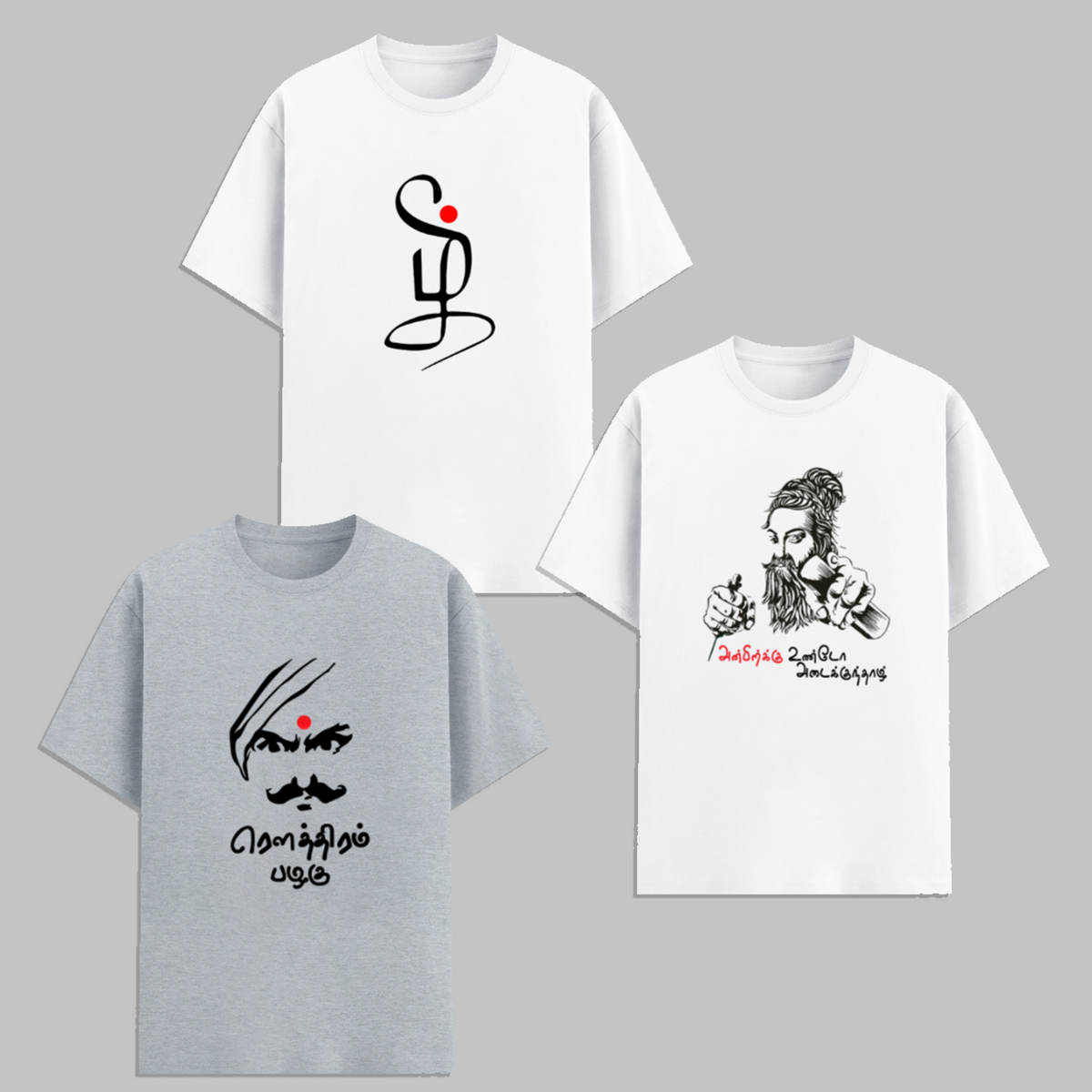 Tamil Minimal Graphic T Shirt Combo Pack Thiruvalluvar Design Cotton Unisex White Grey Streetwear Tees India