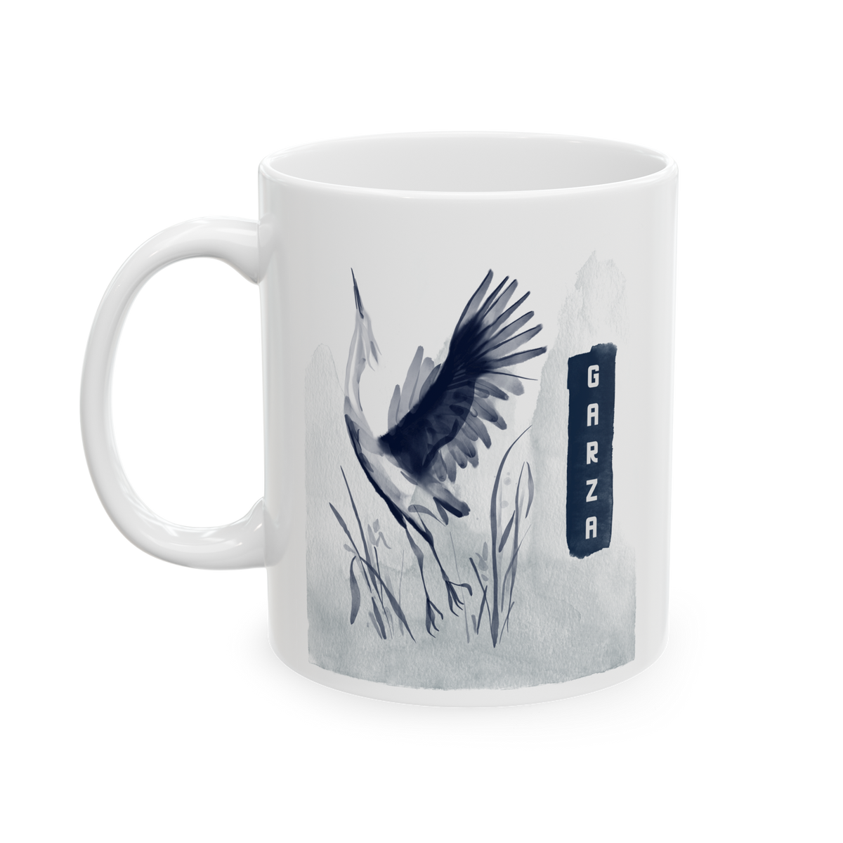Garza Bird Coffee Mug Minimalist Crane Art Ceramic Mug Nature Aesthetic Wildlife Ink Wash Design Elegant Gift for Bird Lovers Modern Coffee Cup