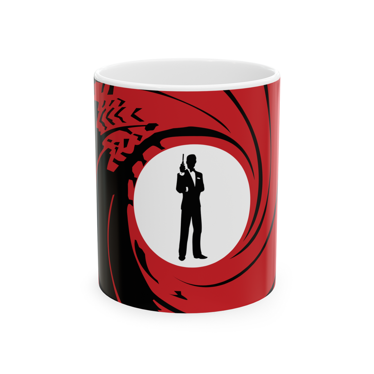 Spy Agent Coffee Mug Secret Agent 007 Style Action Graphic Red Swirl Gun Barrel Design Ceramic Coffee Mug Cool Movie Inspired Gift