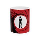 Spy Agent Coffee Mug Secret Agent 007 Style Action Graphic Red Swirl Gun Barrel Design Ceramic Coffee Mug Cool Movie Inspired Gift