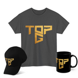 Top G Gold Logo Graphic T Shirt Combo Pack Premium Cotton Streetwear Tee Cap Mug Set Luxury Bold Typography Design